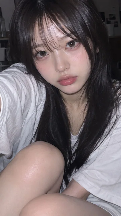 昏暗卧室白色T恤日系女性闪光灯自拍