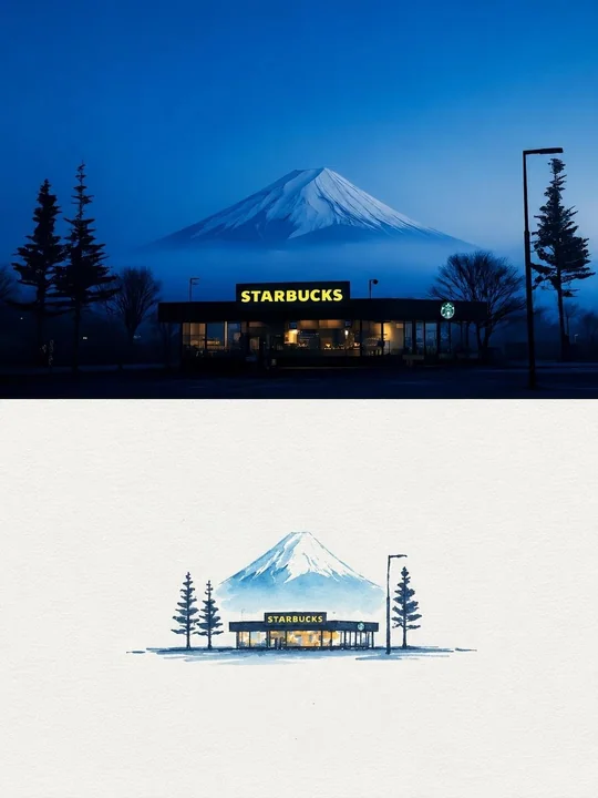 富士山星巴克日式水彩插画