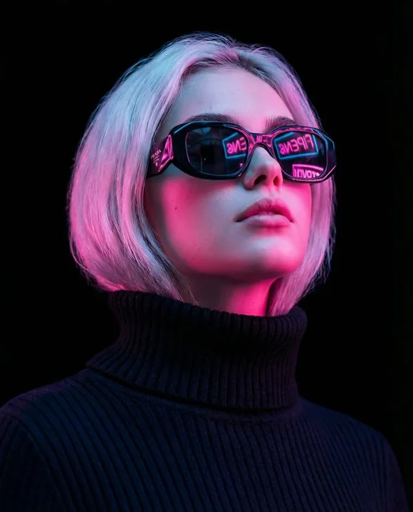 Portrait en lunettes de soleil sous les lumières cyberneon, d'une personne froide et distante.