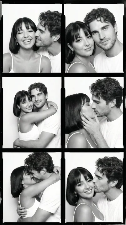 Style noir et blanc en pellicule, photo intime d'un couple, six photos en grille
