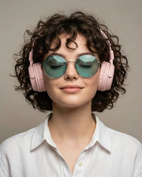 目を閉じて音楽に酔いしれるスタイリッシュなカールヘアの女性