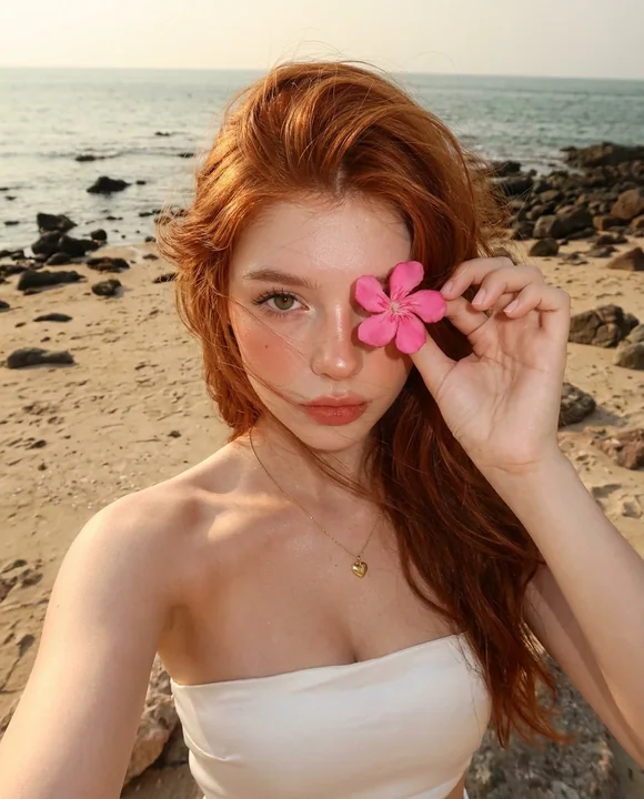 Une jeune fille rousse tenant des fleurs fait un selfie sur une plage au coucher du soleil.