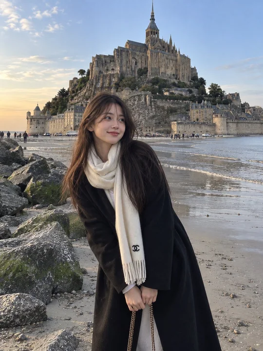 欧洲古建海滩背景亚裔女性写实旅拍