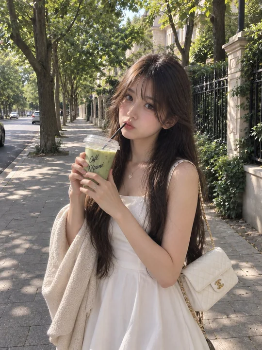 户外写实人像夏日白裙少女手捧抹茶
