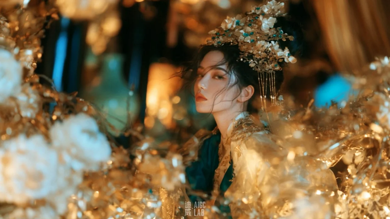 琥珀花厅中的华贵东亚女子侧影