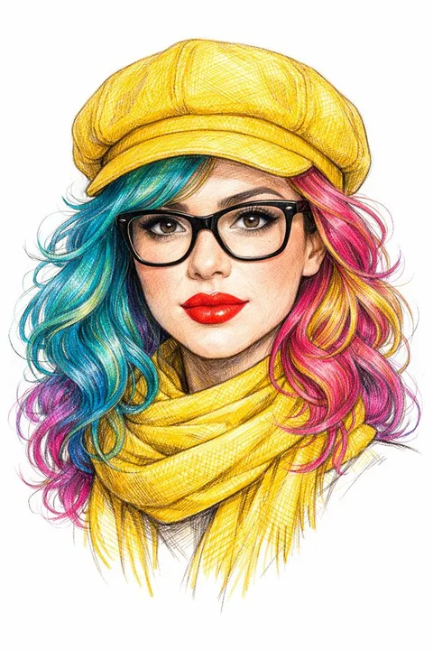 رسم توضيحي للแฟشون بملمس قلم رصاص ملون لفتاة ذات شفاه حمراء