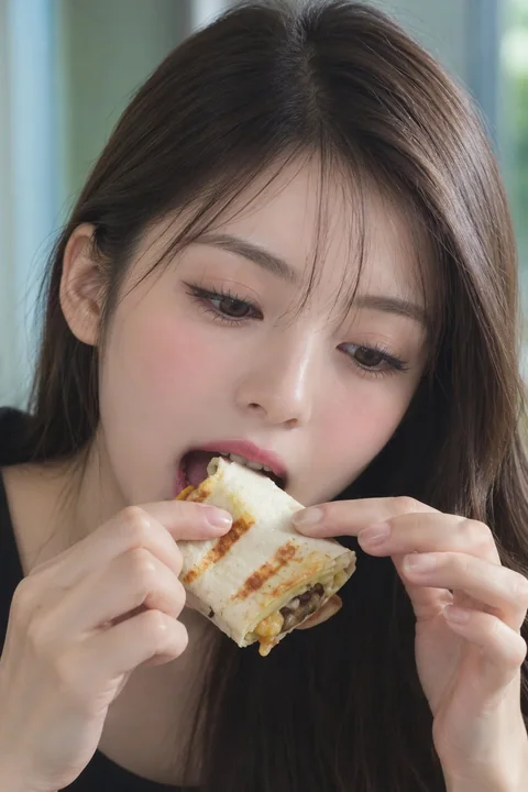 长发美女享用卷饼与草莓蛋糕特写