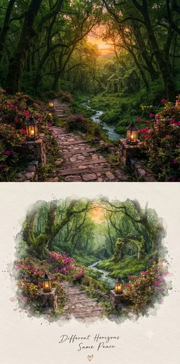 唯美水彩混合摄影风格宁静繁花石径