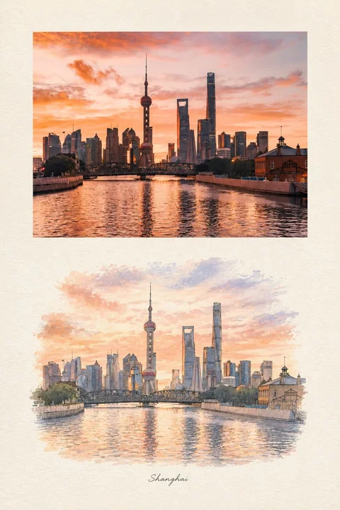 两段式旅行手账城市景观水彩转换提示词