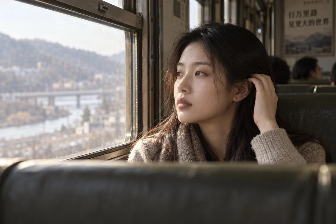 老式火车车厢东亚女性写实人像