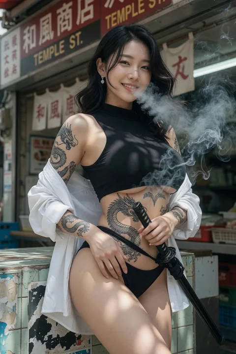 庙街日本店前韩系纹身少女像