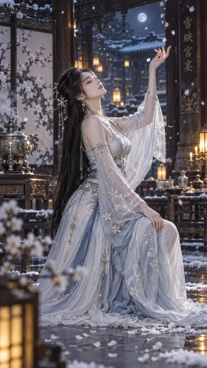 雪夜宫廷舞娘轻托寒梅绝美侧影