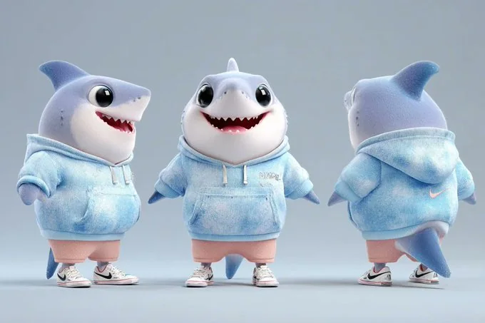 Mascotte anthropomorphique au style Pixar, trois vues