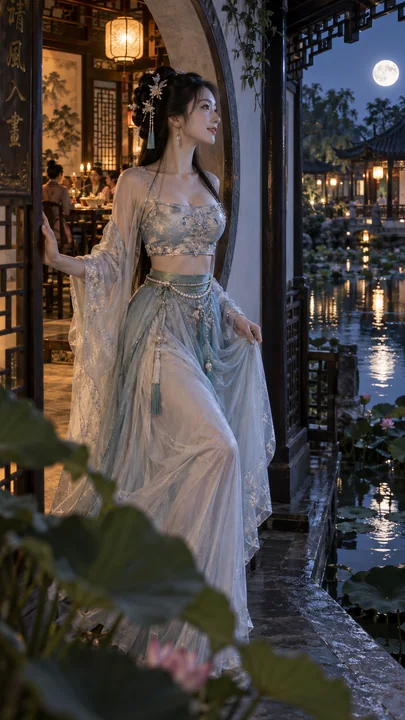 湖影月色下漫步廊桥的江南舞娘