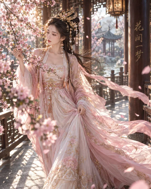 庭院春深：金丝汉服女子步入花间