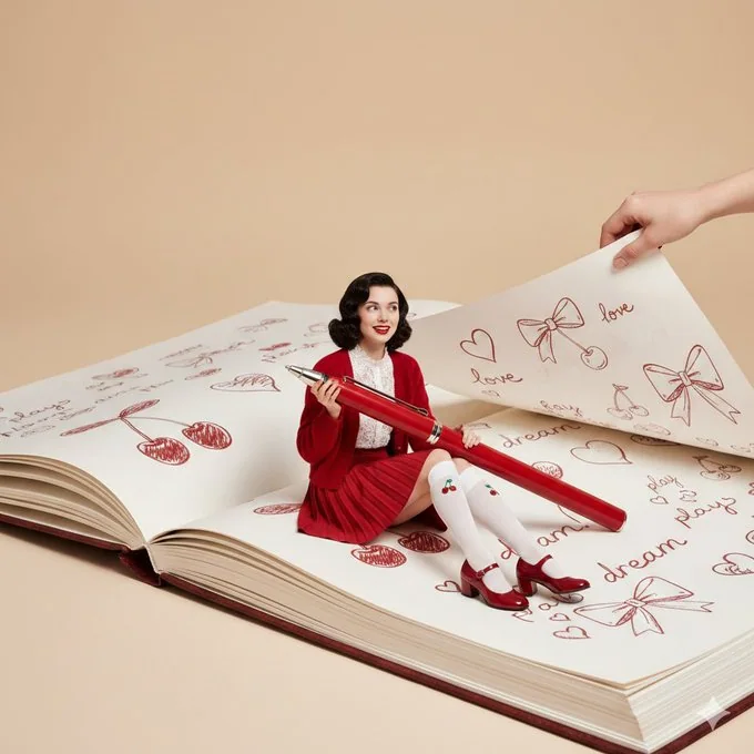 L'instant de communication de la jeune fille portant une robe rouge vintage dans un studio minimaliste