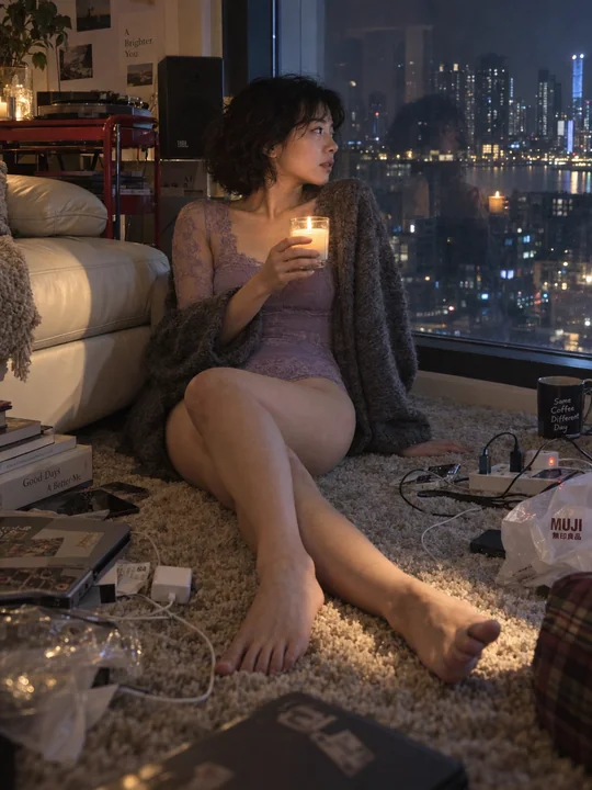 城市窗前的紫色蕾丝午后时光