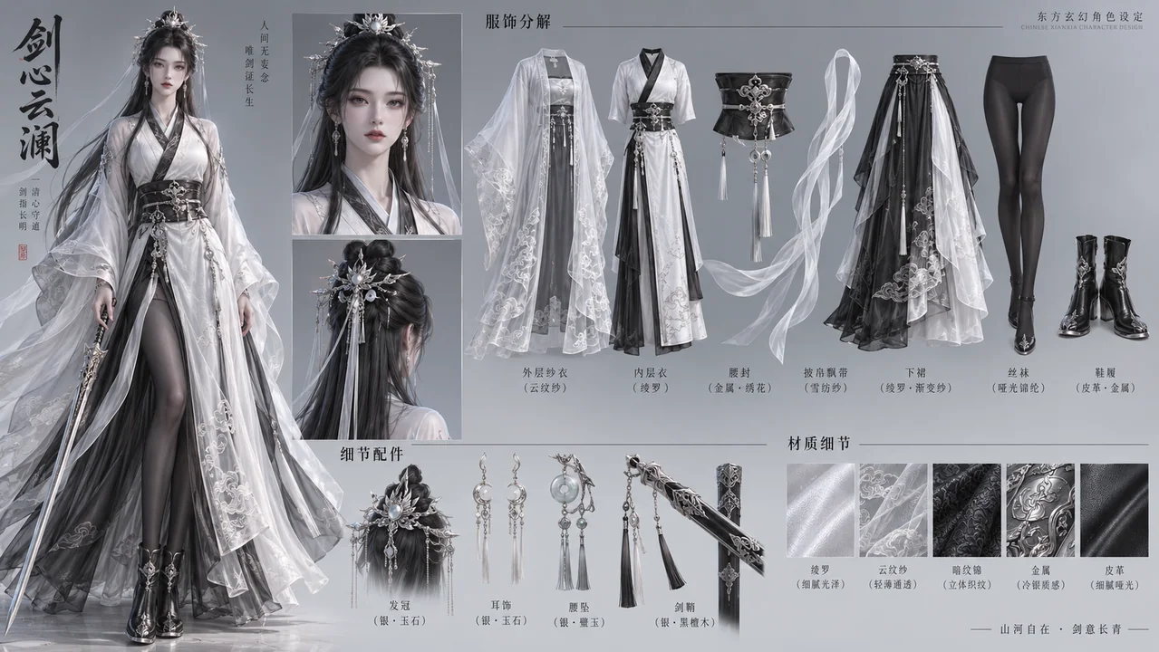 月白墨黑清冷剑仙全方位角色设定图