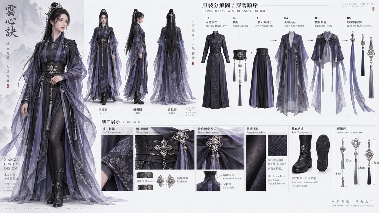 16:9横版仙侠角色服饰工业设计图