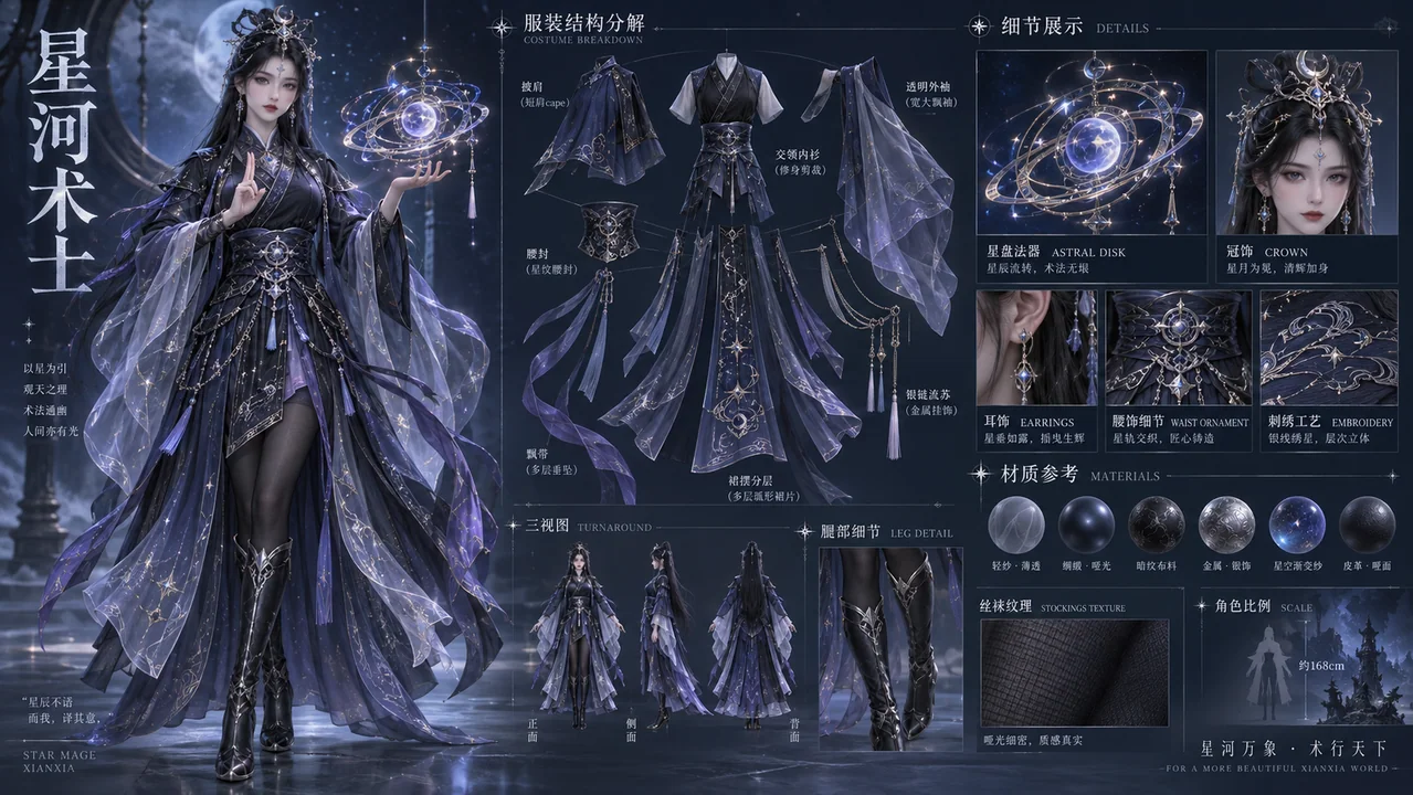 唯美星河术士仙侠女性全方位角色设定图