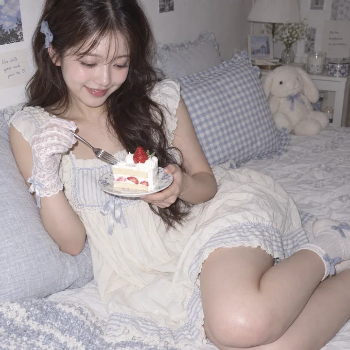 奶油雾蓝之梦:日系甜美卧室写真下午茶