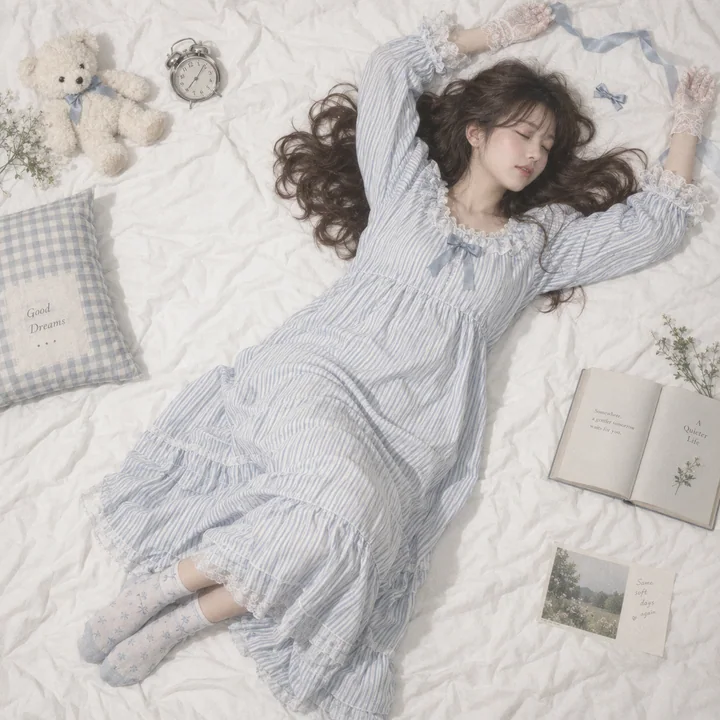 蓝白条纹睡裙少女CCD俯拍写真
