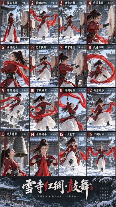 雪寺红绸鼓舞十六格分镜海报