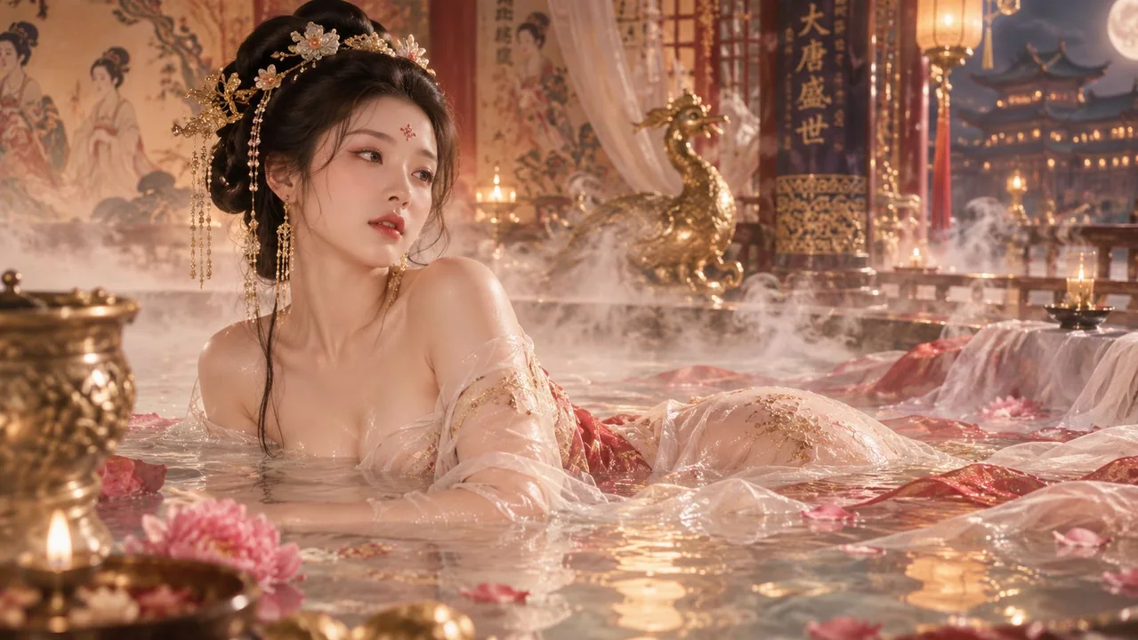 盛唐华美水中半出浴柔和体态水气缭绕
