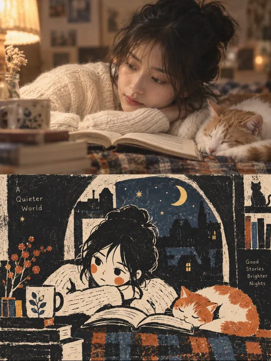 真实照片与童话版画双拼艺术海报