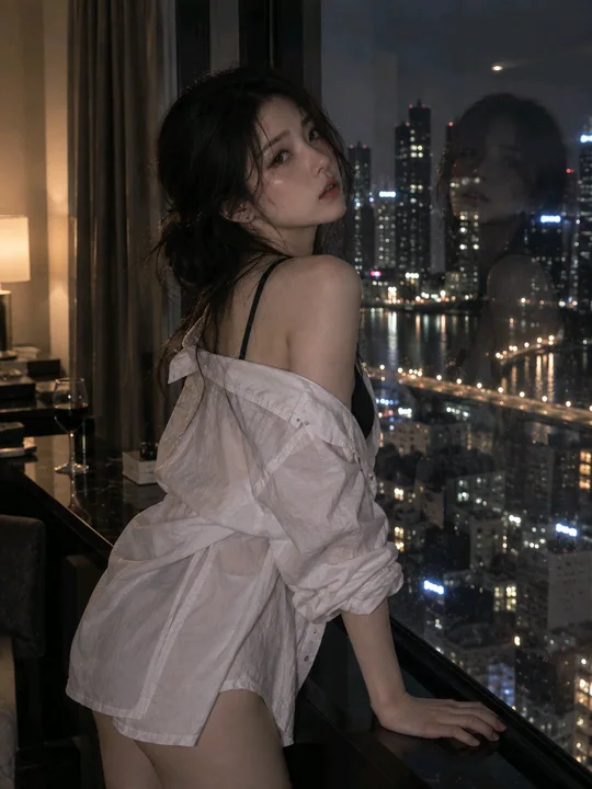 城市公寓落地窗前的年轻亚洲女性