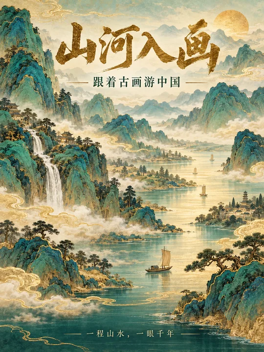 青绿山水长卷中国文化旅行海报山河入画