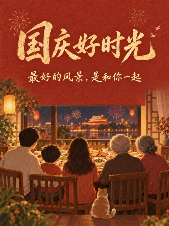 温暖手绘风国庆家宴团圆海报