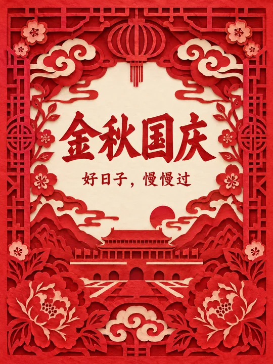 喜庆中国红国庆剪纸艺术海报设计