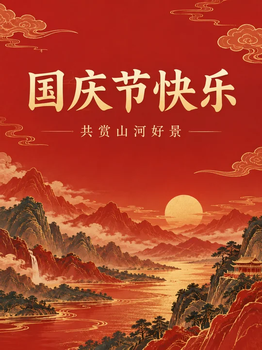 盛世华诞朱红金线中式意境海报
