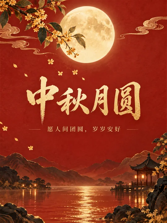 极简新中式朱红金线中秋海报设计