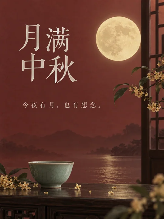 宋韵雅致中秋海报绛红背景青瓷桂花