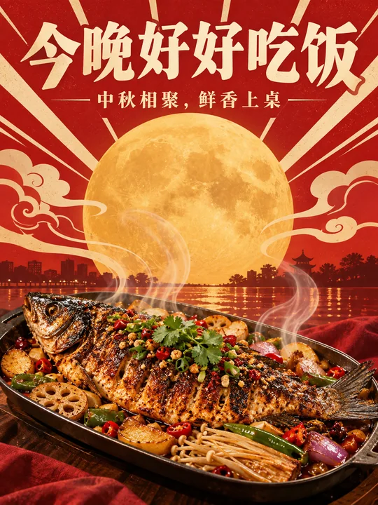 复古未来主义风格中秋烤鱼美食海报