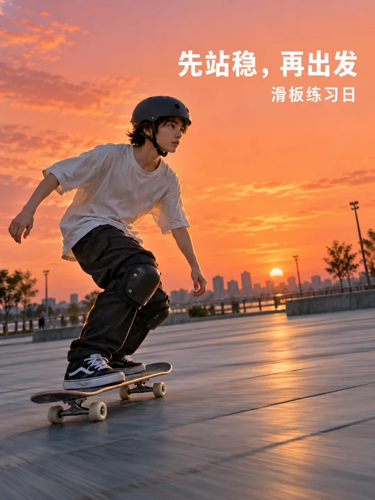 珊瑚橘夕阳下的少年滑板练习海报