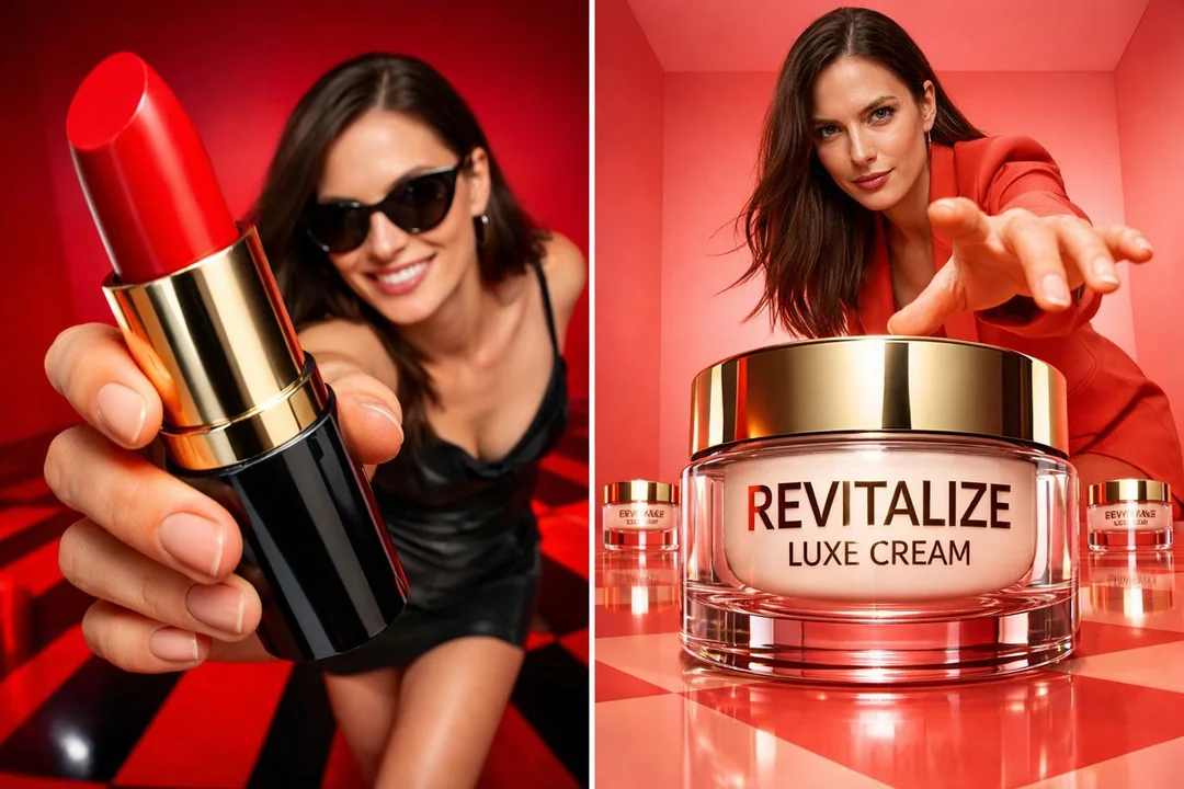 Un shoot de beauté visuellement saisissant en grand-angle dans un studio rouge profond.