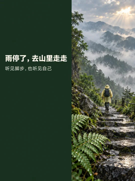 雨后山野徒步清新治愈系图文海报