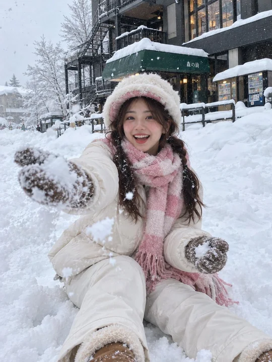 超写实智能手机拍摄冬日雪地人像