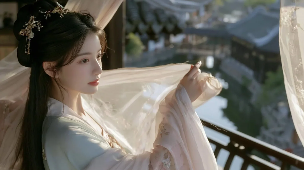 宋代少女临水楼阁卷帘清晨美学