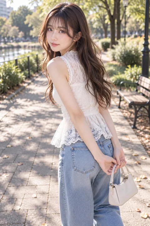 秋季公园回眸的日本女性时尚快照