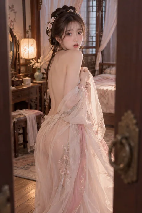 中國Q萌美女亮黑薄紗漢服裸背