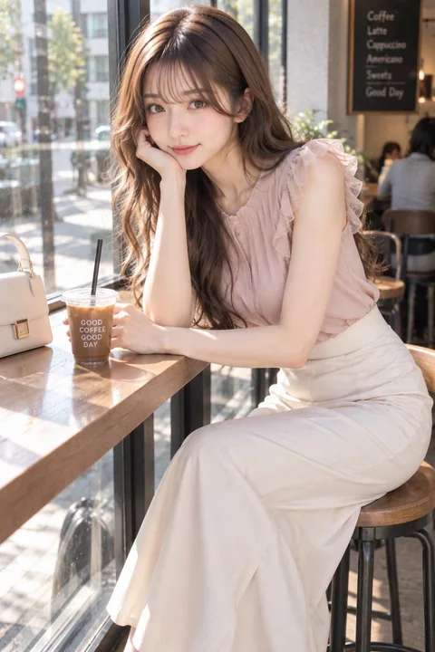 咖啡馆窗边日本女性写实人像