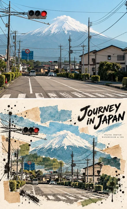 竖向对比旅行转绘泼墨拼贴海报