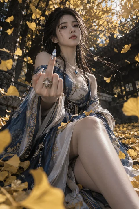 银杏叶间的黑色电影风格现代汉服女性
