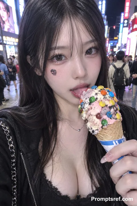 夜晚都市街头吃冰淇淋的甜酷女孩自拍