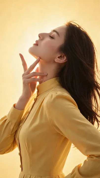 温暖金黄背景下的东亚女性侧颜肖像