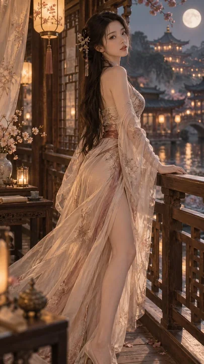 宽摆长裙滑落腰胯轮廓修长美腿
